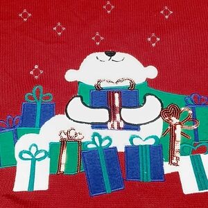 Sz Lg Embellished Sequin Christmas Sweater Womens Red Polar Bear Present Hugger